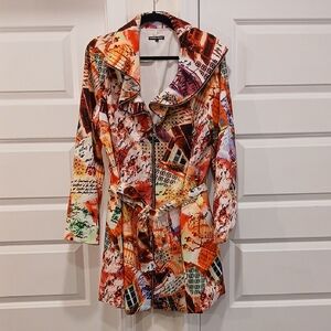 Samuel Dong Printed Notre Dame Colorful Zip Up Belted Jacket Size Large